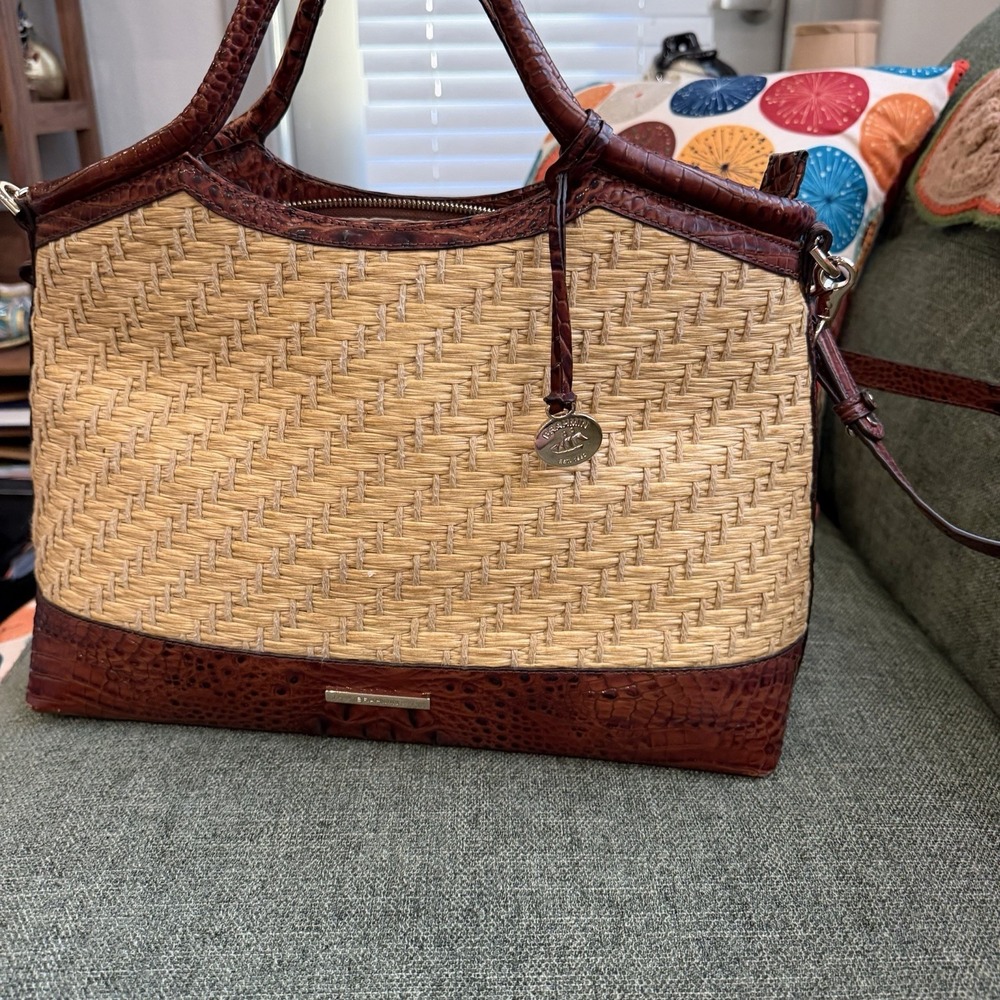 Brahmin Straw Raffia & Melbourne Embossed Leather Satchel Tote Brown Croc - Picture 9 of 13